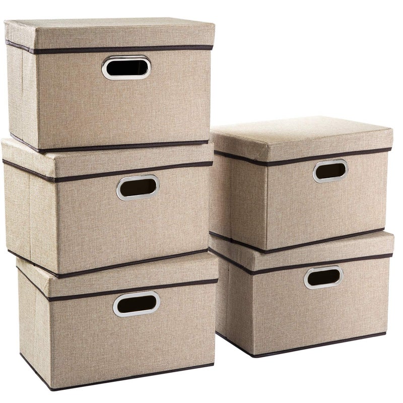 PRANDOM Collapsible Storage Containers with Lids [5-Pack] Jute Fabric Foldable Storage Bins Boxes Organizer Baskets Cube with Cover for Home Bedroom Closet Office Nursery (14.9x9.8x9.8) - Image 1